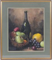 Sanderson (late 20th Century), Still life with champagne bottle and fruit, pastel, indistinctly