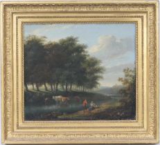 English School (19th Century), Figures on a river bank with cattle watering, oil on panel, 40cm x
