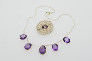 Amethyst and seed pearl choker necklace, having five oval amethysts, the largest 17mm x 13mm, all