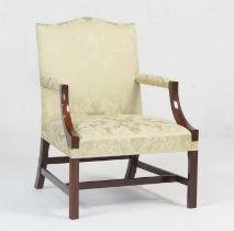 Gainsborough style mahogany armchair (modern), upholstered throughout in a pale green floral damask,