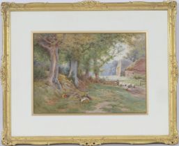 Charles James Adams (1859-1931), Droving sheep in a summer landscape, watercolour, signed, 28cm x