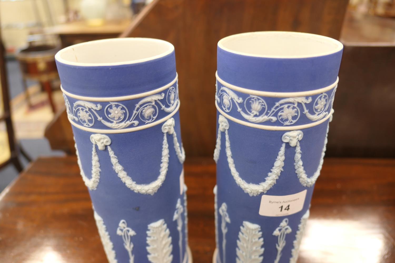 Small selection of Wedgwood dark blue jasper wares comprising two cylinder vases, 25cm and 24.5cm; a - Image 2 of 19