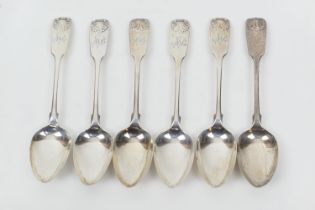 Set of six George III silver fiddle and shell pattern teaspoons, maker I W, Newcastle 1789, weight