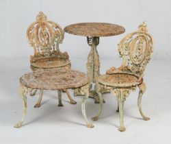Garden furniture: Pair of painted cameo backed cast iron garden chairs, height 82cm; also a cast