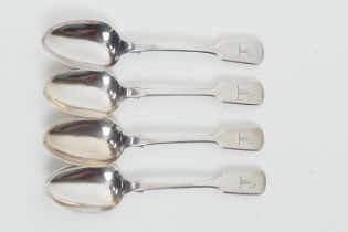 Four Victorian Irish silver fiddle pattern rattail tea or dessert spoons, maker John Smyth, Dublin