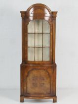 Quality walnut bow front freestanding corner display cabinet, in Queen Anne style, the top glazed