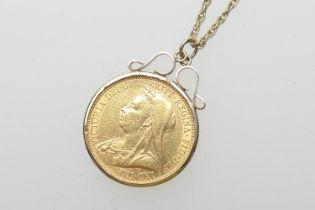 Victorian sovereign, 1896, Sidney Mint, in a 9ct gold pendant mount suspended from a 9ct gold