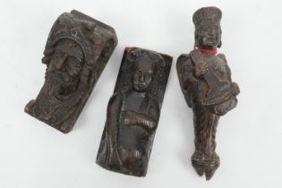 Three wooden carvings, 18th Century and later, the largest 21cm (Please note condition is not noted.