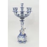 Royal Copenhagen blue and white porcelain table centre, the basket top supporting six candle sconces