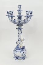 Royal Copenhagen blue and white porcelain table centre, the basket top supporting six candle sconces