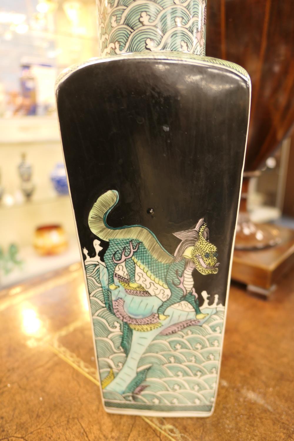 Chinese famille noir vase, square section beneath a trumpet neck, decorated with mythical beasts, - Image 8 of 14