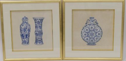 Chinese School (20th Century), Set of four watercolours depicting Ming and Kangxi blue and white