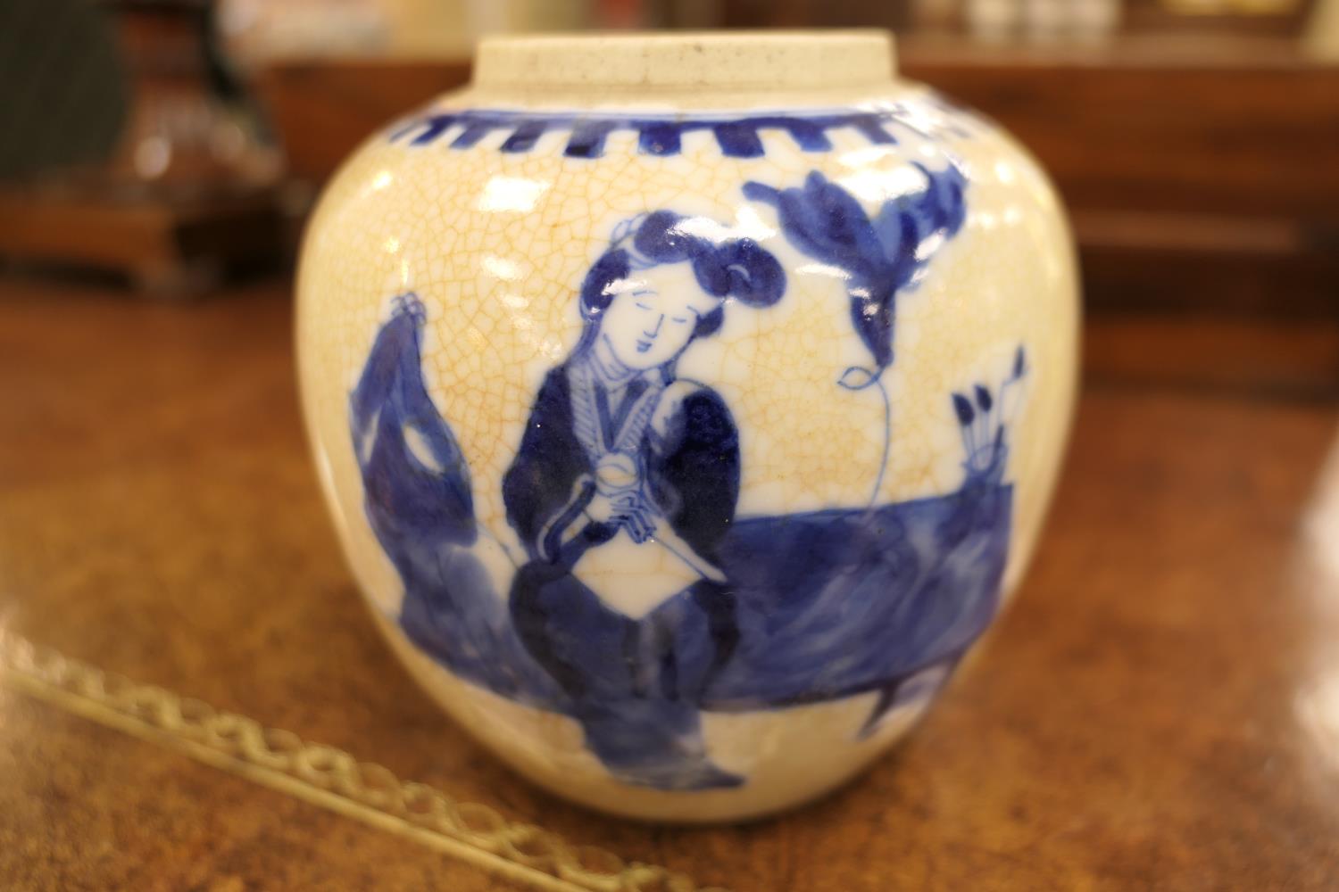 Chinese crackle glazed ginger jar, with underglaze blue decoration of a solitary figure, Kangxi four - Image 3 of 7