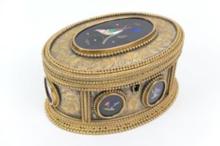 French brass and pietra dura jewellery casket, circa 1850, beaded oval form set with oval cameos