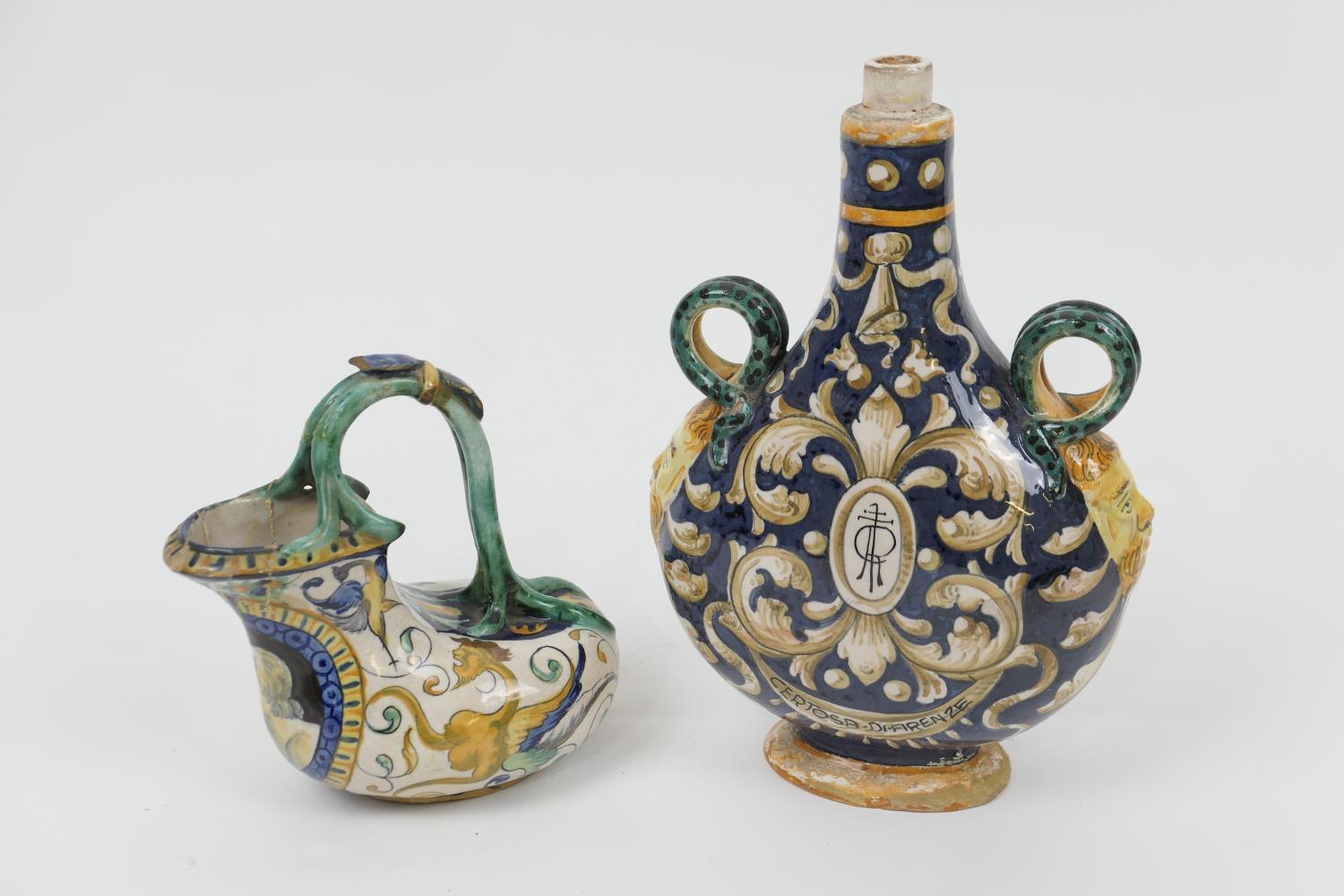 Italian maiolica pilgrim flask in the style of Cantigalli, inscribed 'Certosa di Firenze', decorated