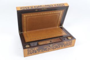 Fine Victorian rosewood and birds eye maple writing box, fitted interior with gilt tooled leather