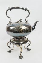 Victorian electroplated spirit kettle on stand, circa 1875, of bun shape surmounted with a flower