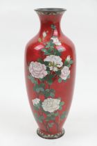 Japanese cloisonne vase, Meiji (1868-1912), ovoid form decorated with peony against a red ground,