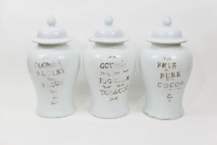 Three Chinese made porcelain lidded jars, labelled for the British retail market, each of plain