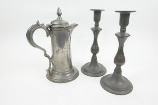 Edwardian ecclesiastical pewter wine flagon, inscribed and dated 1904, 31cm; also a pair of 19th