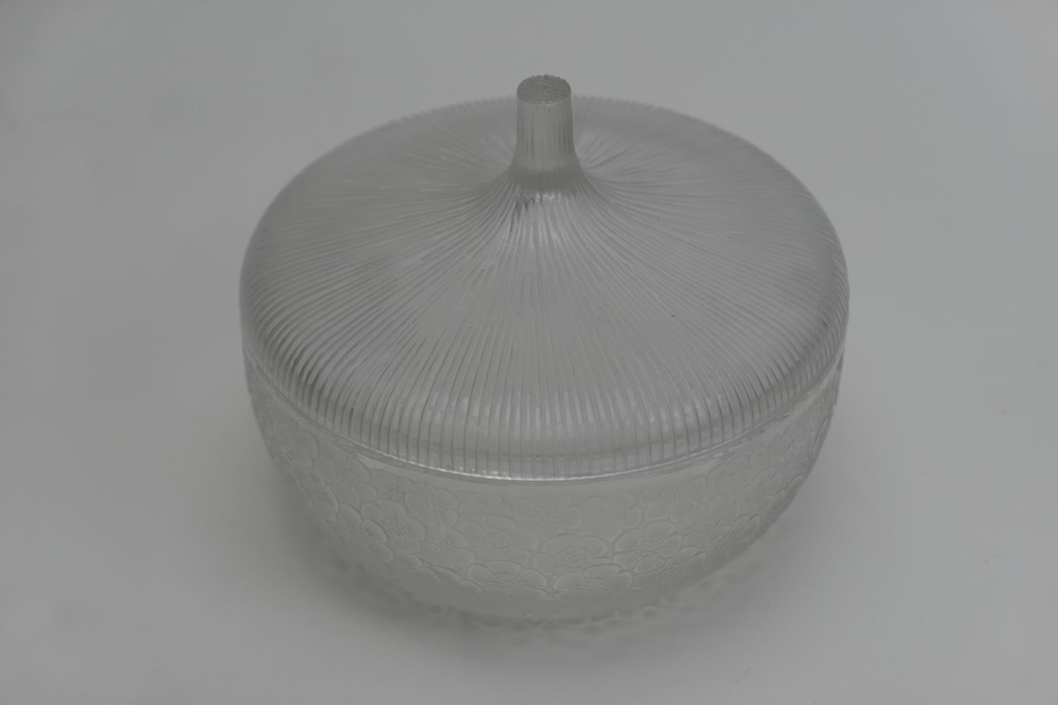 Cristal Lalique, post-war Eglantines moulded glass powder bowl and cover