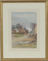 Mary S Hagarty (active 1882-1938), Droving cattle through the village, watercolour, signed, 34cm x