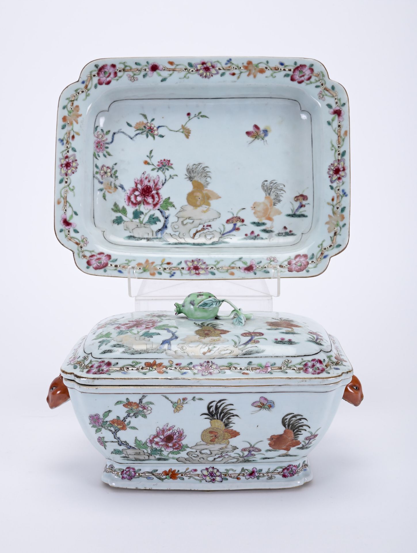 A rectangular tureen with stand