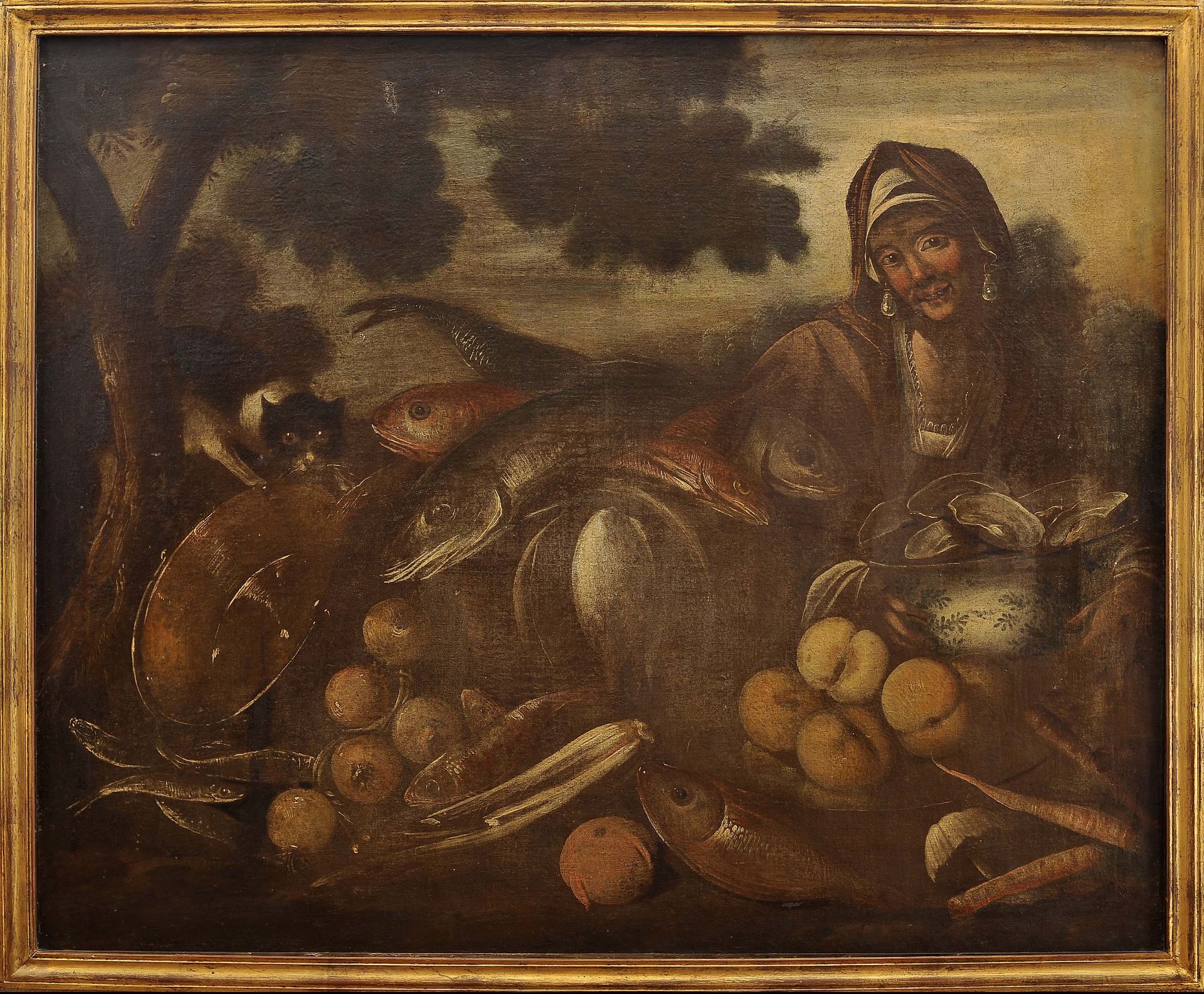 Female Figure, Cat, Fish, Oysters and Fruits