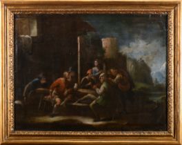 Landscape with figures in a tavern