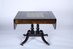 A sofa table/Chess/Checkers and Backgammon gaming table with simulated drawers