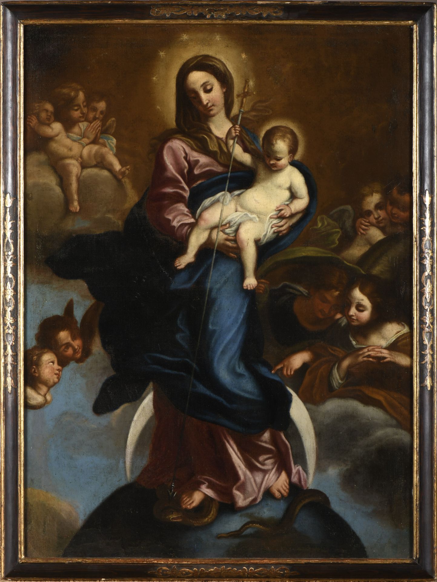Our Lady with the Child Jesus surrounded by angels and cherubs