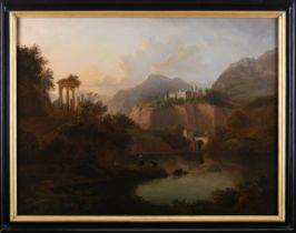 Landscape - figures by the river and palace