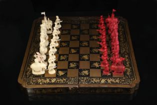 Chess Pieces - English Army against Chinese Army and hinged board closing in the shape of a box