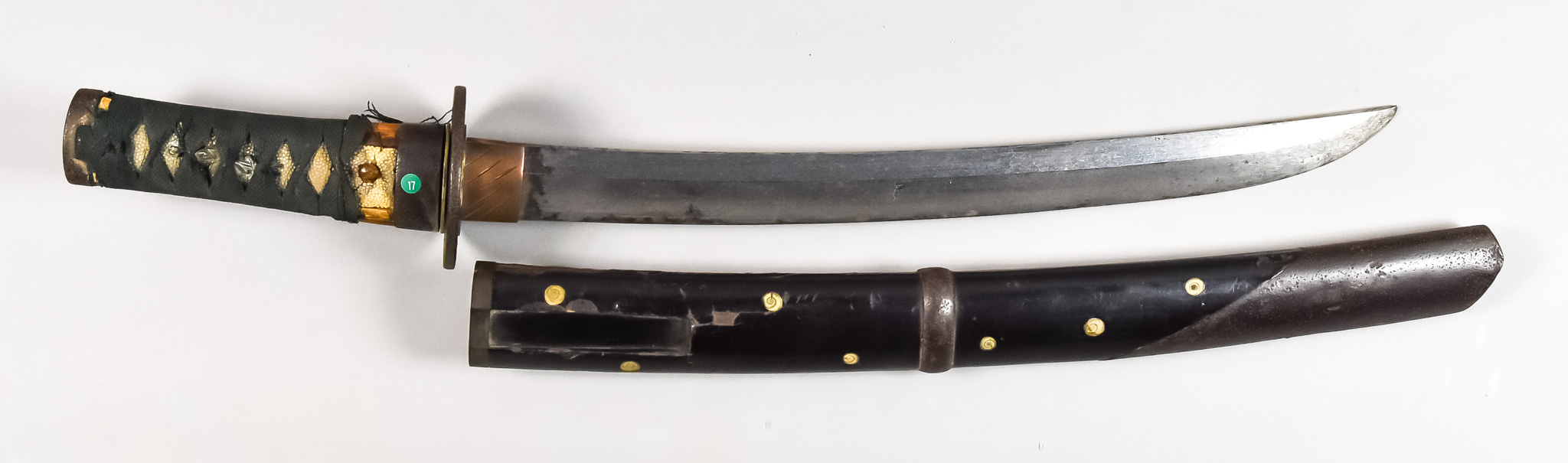 A Japanese Wakazashi, unsigned (possibly made from cut-down Katana or Tashi), 16ins blade, cotton