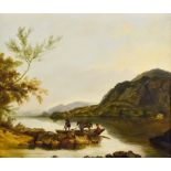 19th Century English School - Oil painting - Rural river landscape with three figures and pony in
