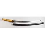 A Japanese Katana, signed 'Kane Kage', 24ins blade with visible cloud hamon, cotton wrapped hilt,