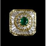 An 18ct Gold Emerald and Diamond Cluster Ring, Modern, set with a centre emerald stone,