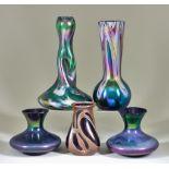 A Collection of of Iridescent Glassware, comprising - a metal mounted purple glass vase with gold