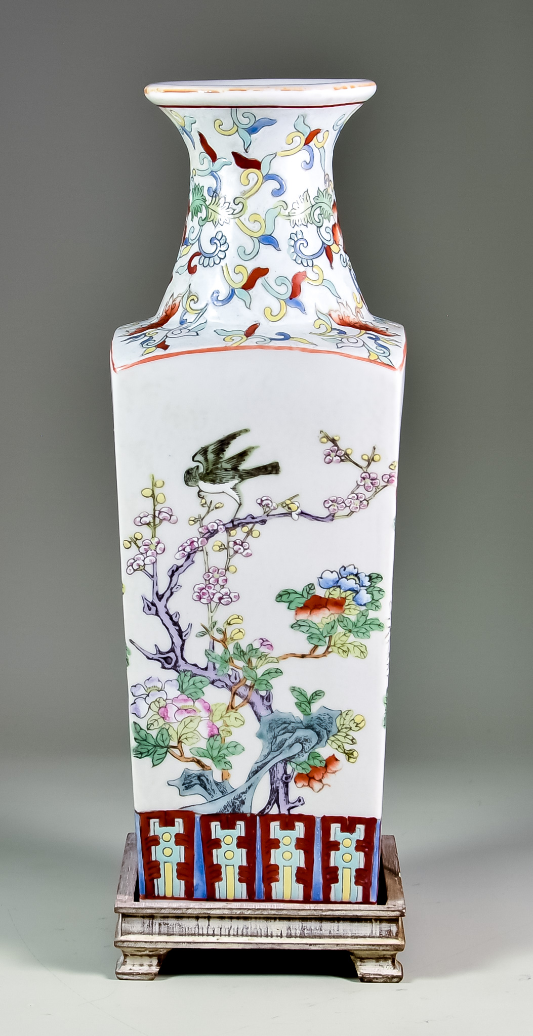 A Chinese Porcelain Square Section Vase, 20th Century, enamelled in colours in the Famille Rose