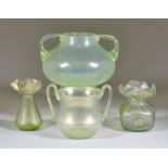 A Loetz Pale Green Iridescent Olympia Two-Handled Bulbous Vase and Three other Similar Pieces of