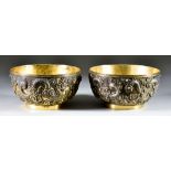 Two Chinese Export Silvery Gilt Metal Circular Bowls, Late 19th/Early 20th Century, by Wang Hing &