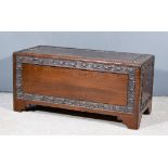 A Chinese Panelled Camphor Wood Chest and a Turned Wood Standard Lamp, the chest with the top, front