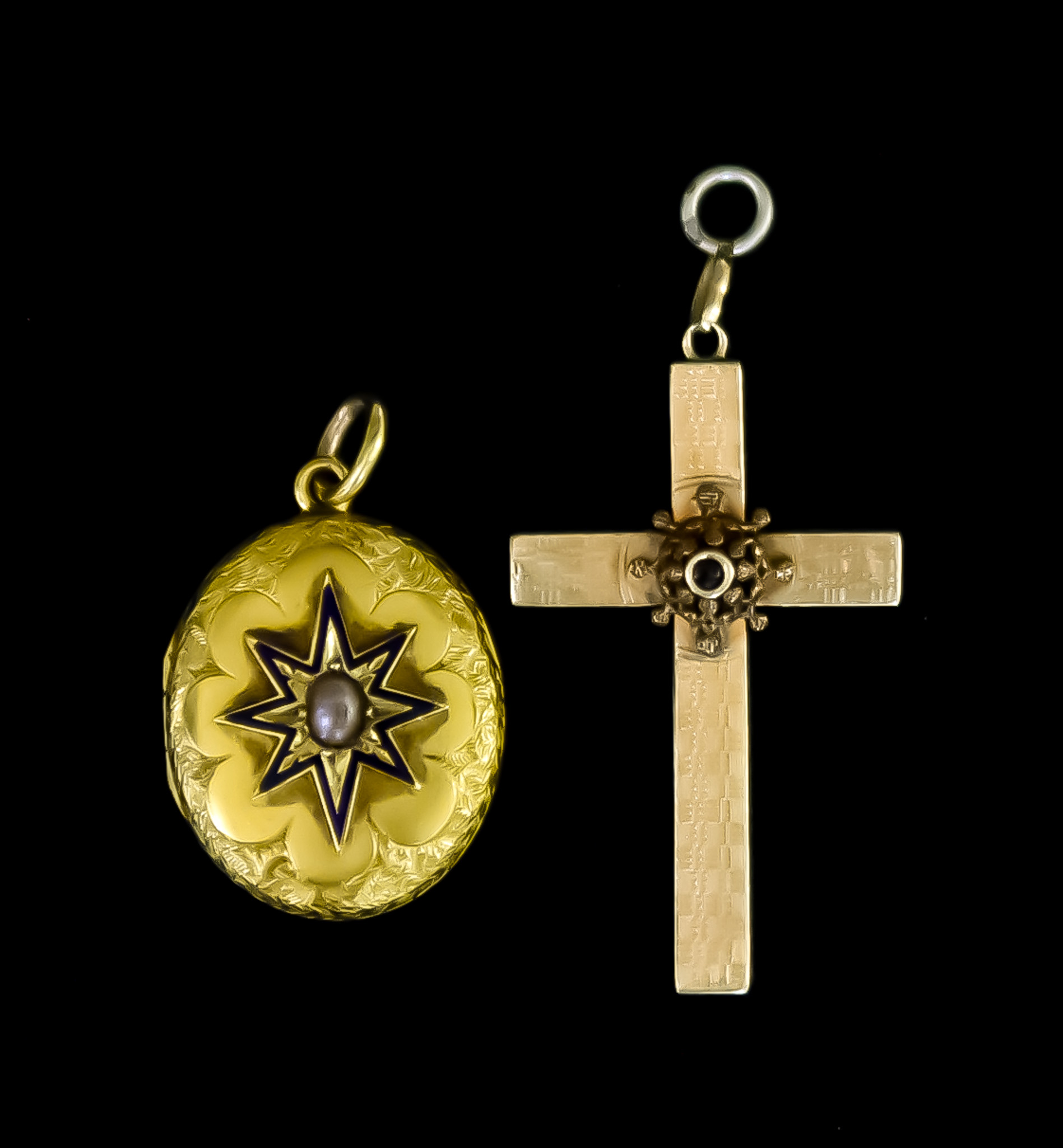 A Mixed Lot of 14ct Gold, comprising - cross, 36mm x 26mm, and an oval memento mori locket, 25mm x