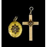 A Mixed Lot of 14ct Gold, comprising - cross, 36mm x 26mm, and an oval memento mori locket, 25mm x