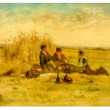 Manner of William Linnell (1826-1906) - Oil painting - Seated figures at a picnic in a cornfield,