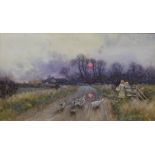 Tom Lloyd (1849-1910) - Watercolour - "Held Up" - Sunset over a rural landscape with two children by