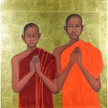 ***Susan Jayne Hocking (Born 1962) - Oil, pigment and metal leaf - "Two Boy Monk" - Half-length
