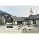 Italian School - Oil painting - "Fattoria Alpina" - Farmyard with chickens, indistinctly signed,