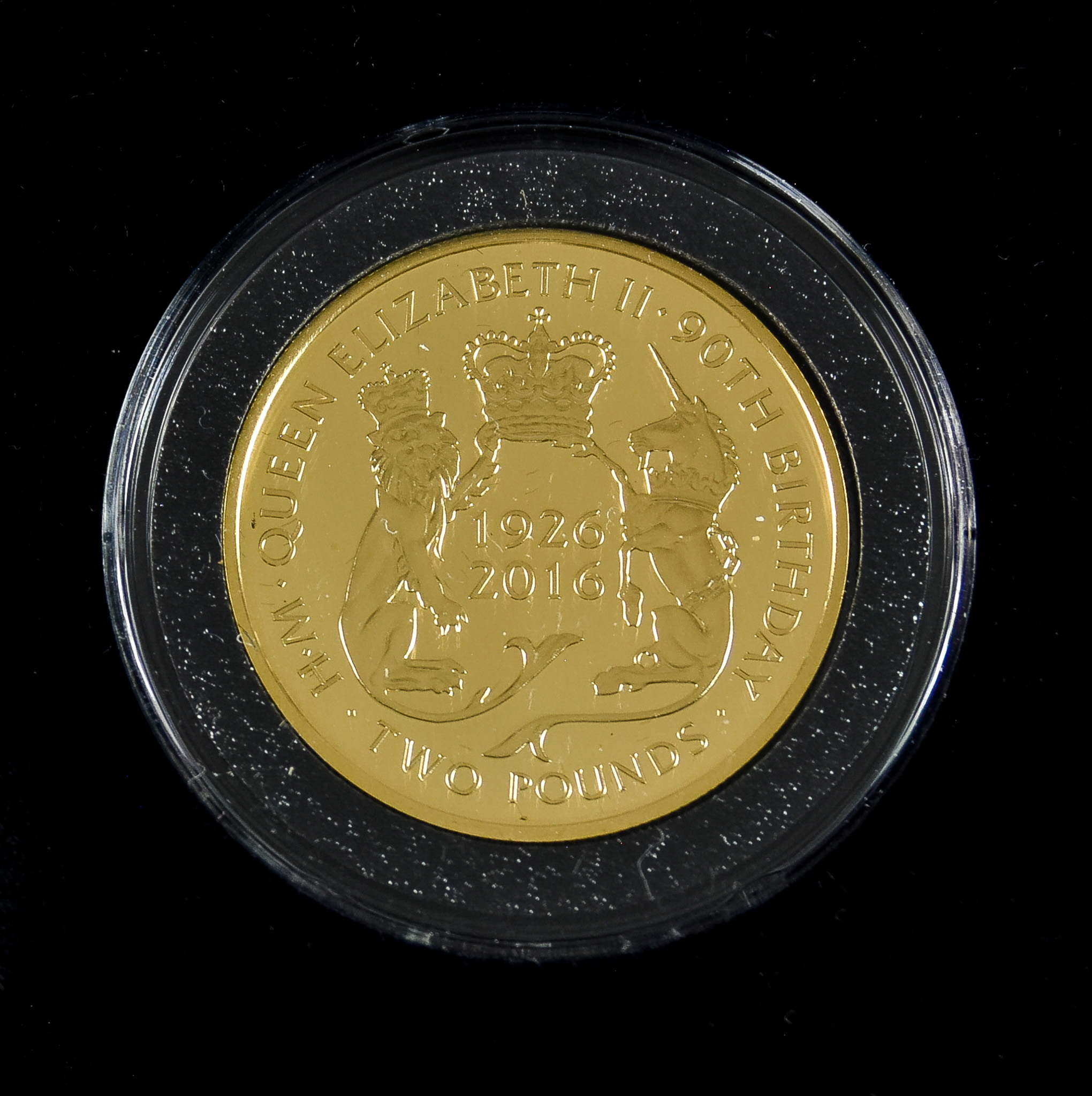 A 2016 Elizabeth II '90th Birthday' 22 Carat Gold Proof Two Pound Coin, in Jubilee Mint fitted