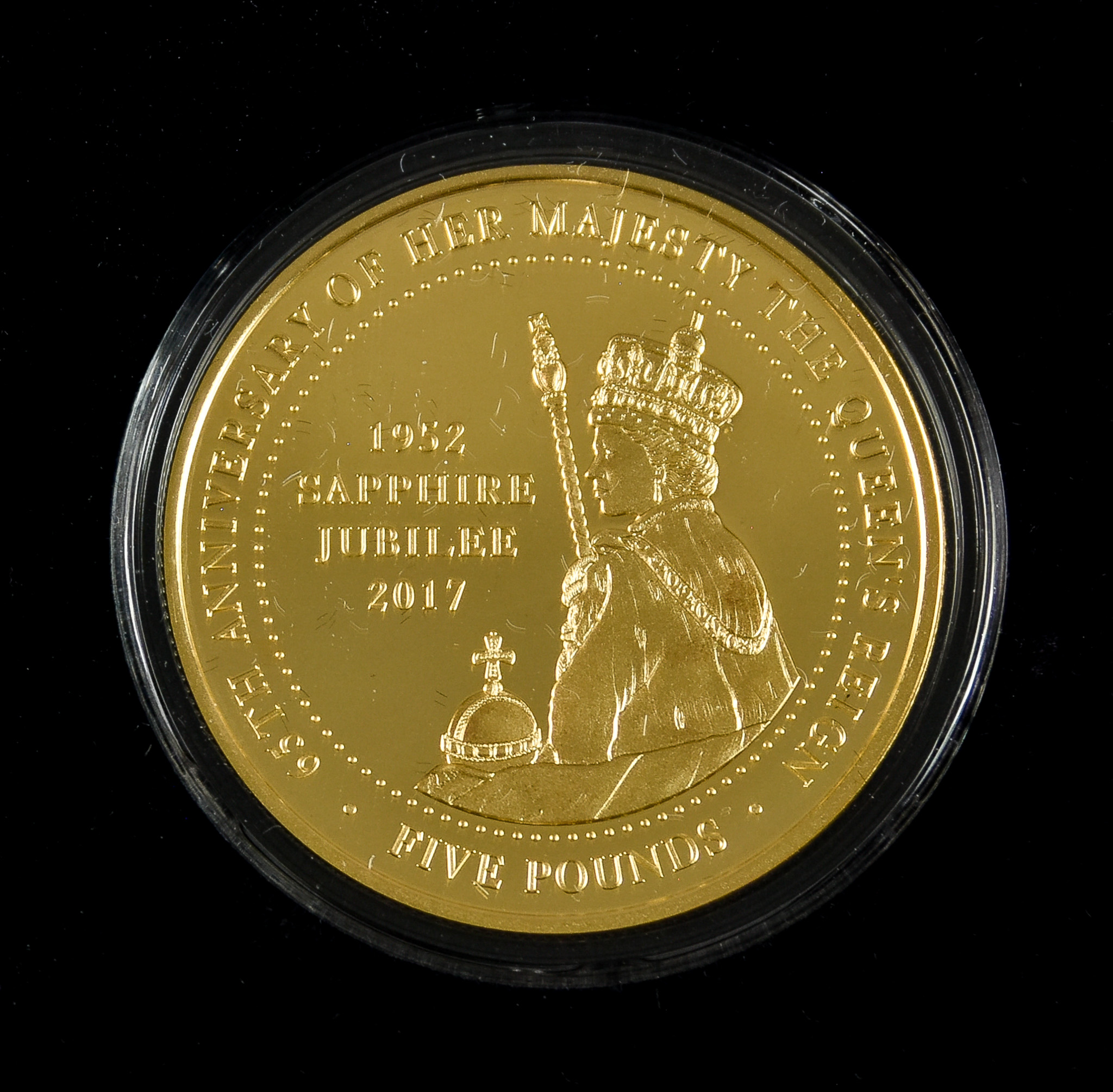 A 2017 Elizabeth II 'Sapphire Jubilee' 22 Carat Gold Five Pound Coin, in Jubilee Mint fitted case